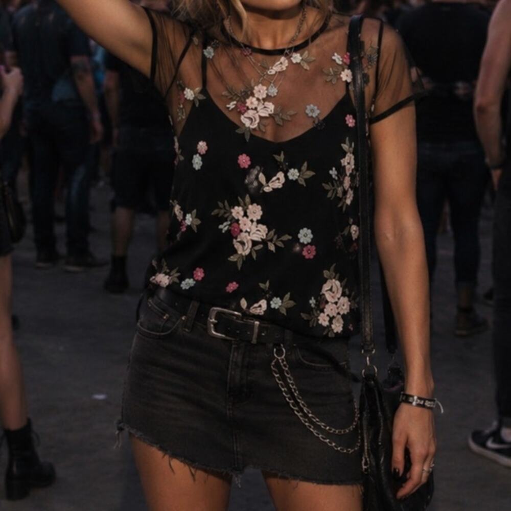 Hollister Floral Mesh Top XS Whimsigoth Sheer Y2K Alt Fairy Grunge Indie Rock